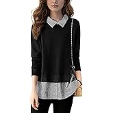 LAI MENG FIVE CATS Women's Casual Patchwork Shirt Collar Long Sleeve Cotton Pullover Tops