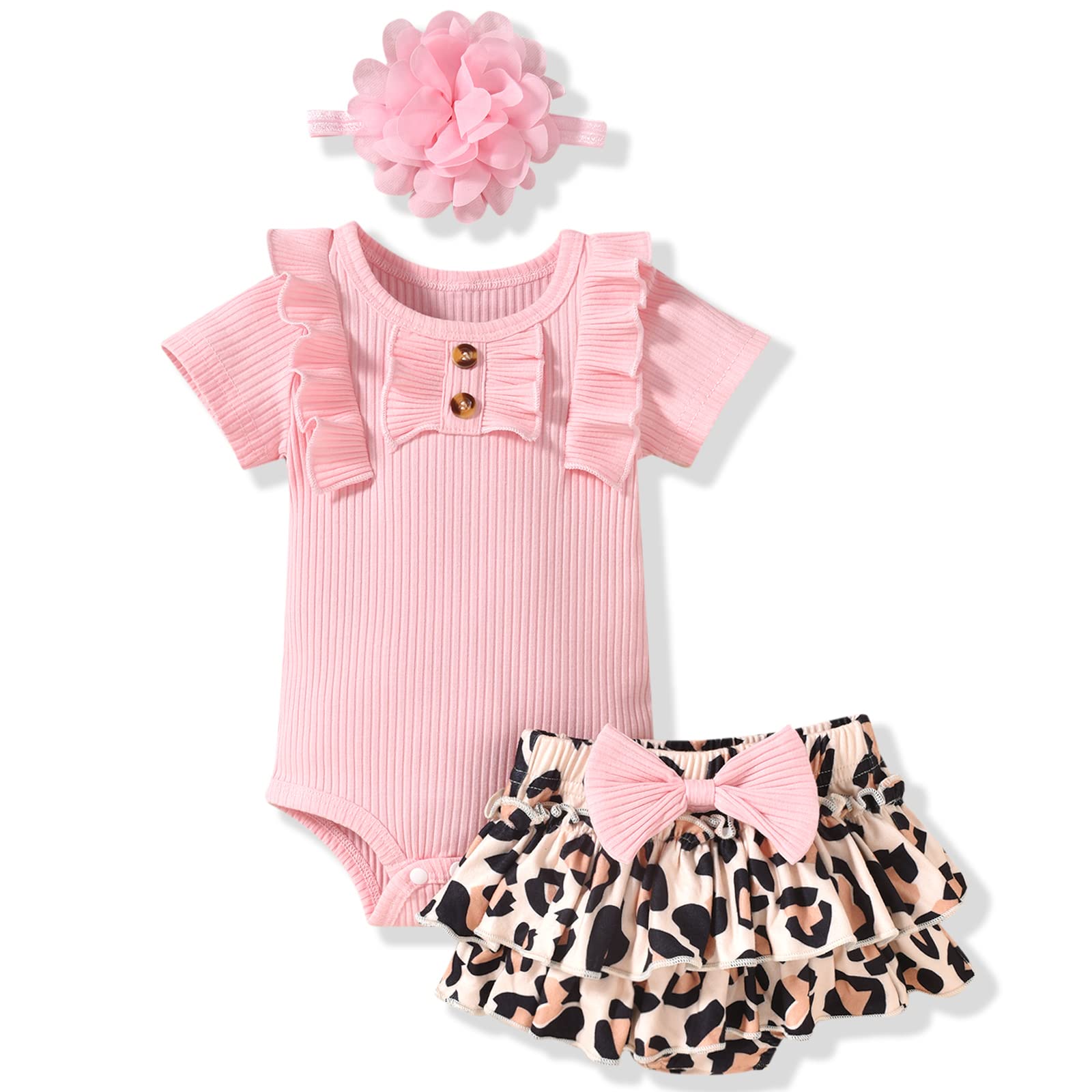 Photo 1 of 3-6 Months Infant Baby Girls Summer Clothes Ribbed Leopard Ruffle Bloomer Shorts Spring Outfit Dark Cheetah Clothing