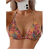 Milumia Women's Floral Print Triangle Bikini Top Boho Halter String Bathing Suit Tops