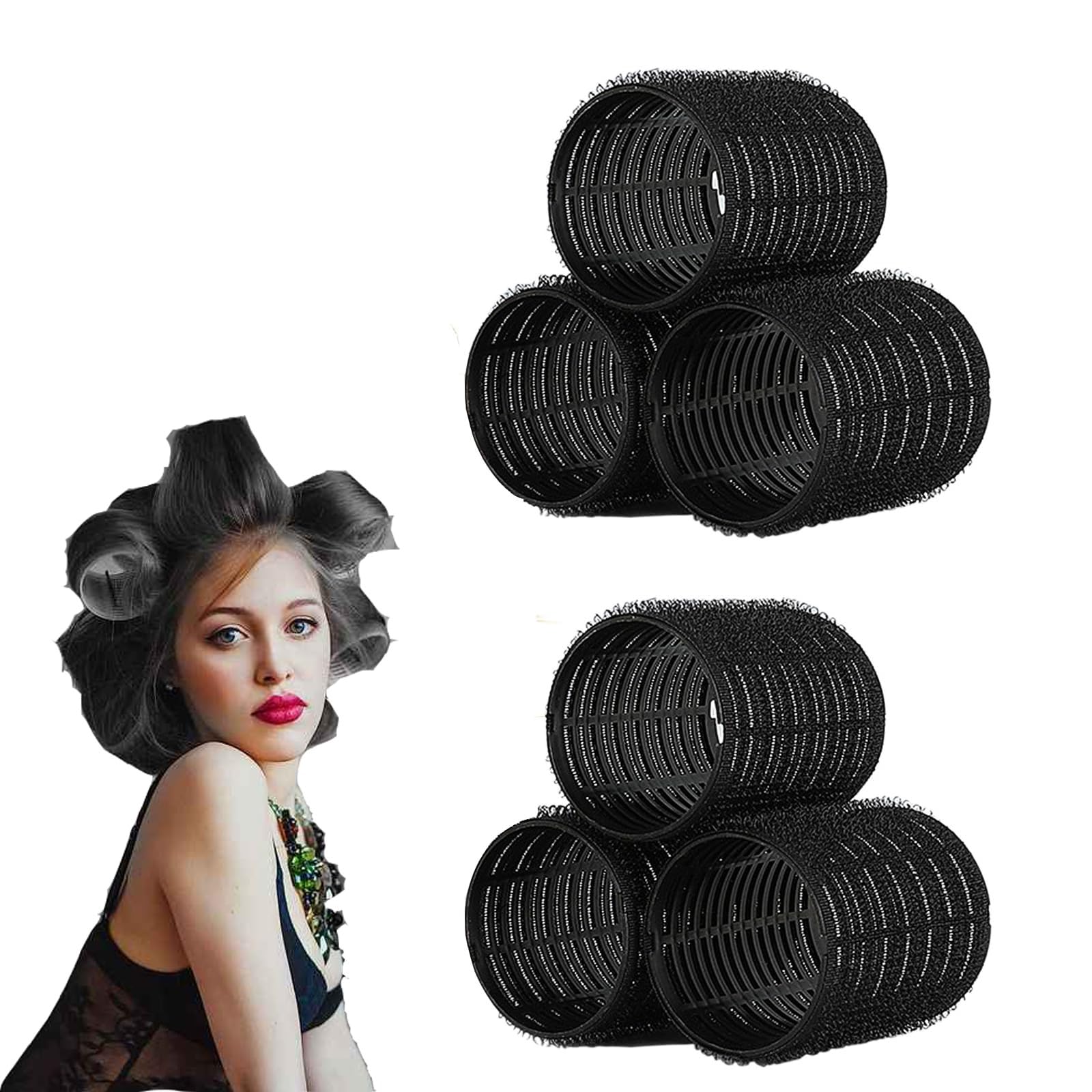 6 Pcs Hair Rollers, 55MM Self-stick Velcro Rollers for Long Hair, Portable Heatless Curlers DIY Hairdressing Curlers Rollers Tools, Black