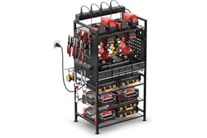 JUNNUJ Power Tool Organizer Floor Stand with Charging Station, Garage Adjustable Storage Rack Utility Tool Shelf with 8 Outlet Power Strip, Heavy Duty Drill and Battery Holder, Black