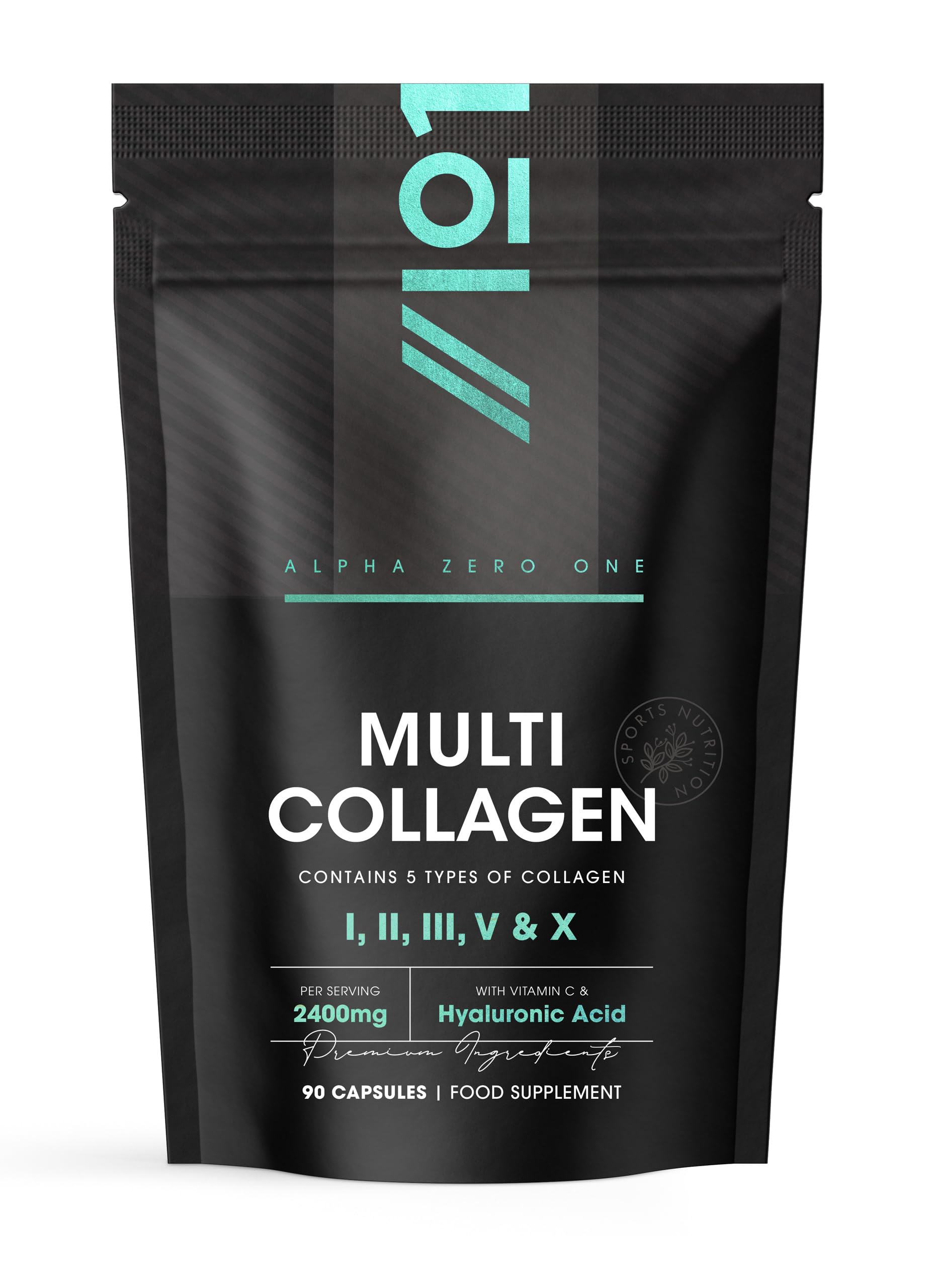 Multi Collagen 2400mg – Types I, II, III, V & X – 90 Capsules – Wild Caught Marine, Grass Fed Bovine, Eggshell & Free-Range Chicken Collagen Powder, with Hyaluronic Acid & Vitamin C – by Alpha01