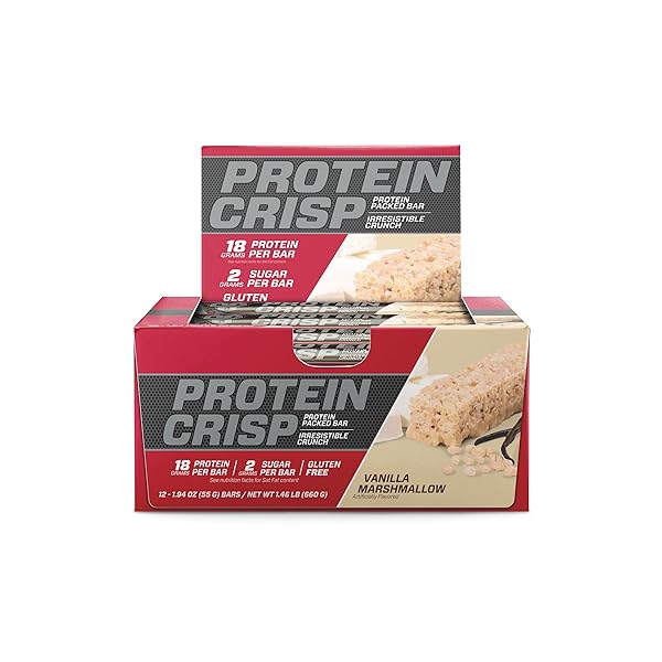 BSN PROTEIN CRISP BAR, VANILLA MARSHMALLOW, 18 GRAM PROTEIN SNACK BARS WITH WHEY AND FIBER, GLUTEN-FREE CRUNCHY ENERGY BARS FOR WORKOUT, FITNESS, ON-THE-GO, 12 COUNT