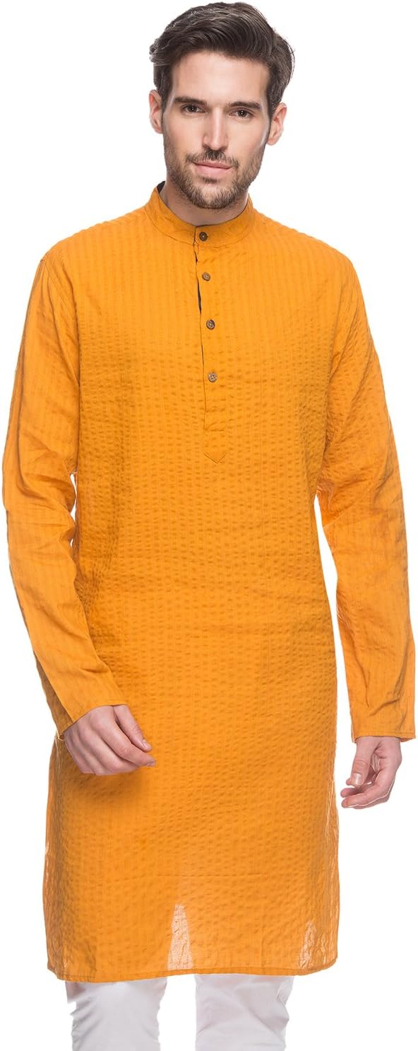 Shatranj Men's Indian Long Kurta Tunic Banded Collar Fine Stripe Shirt