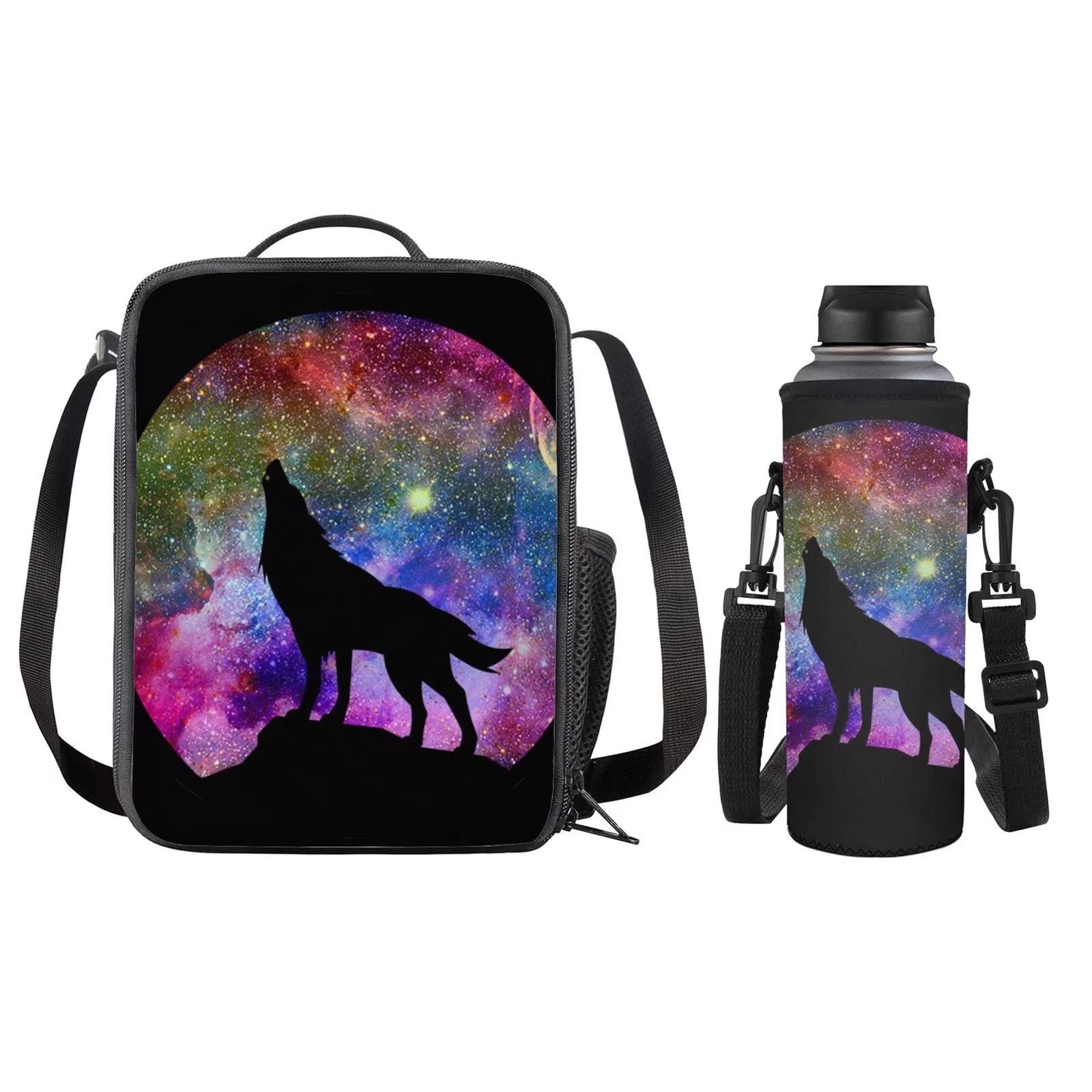 SEANATIVE Animal Wolf Universe Print School Thermal Meal Tote Bag with Neoprene Drinking Bottle Cooler Sleeve for Kids Adult,2Pcs/Set
