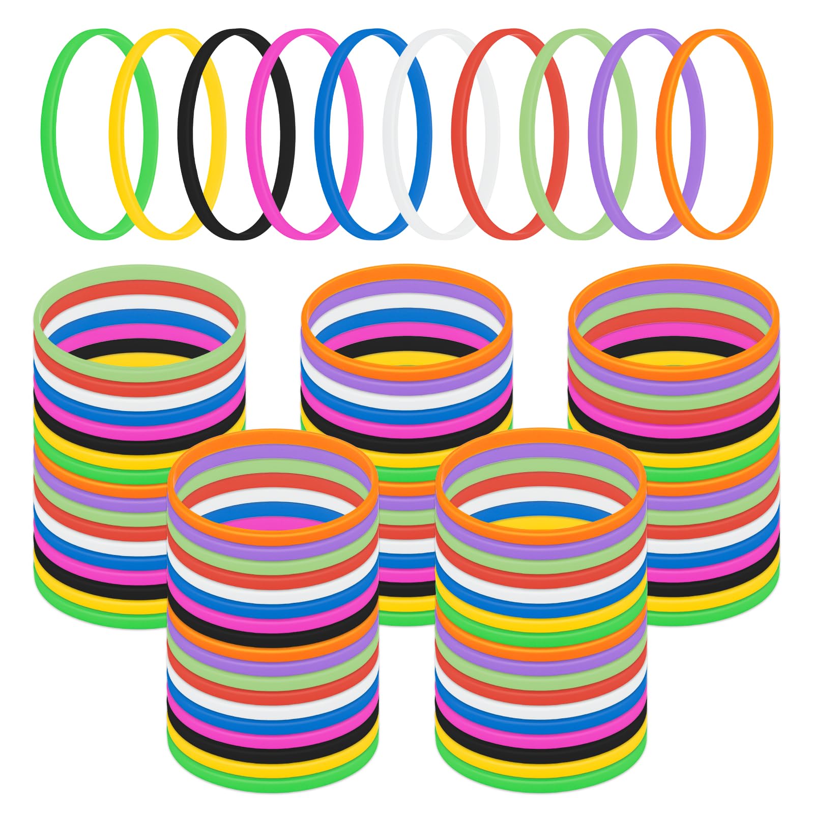 GOGO 100 Pcs Thin Silicone Wristbands for Adults, 1/5" Wide Colored Rubber Bracelets Bulk for Party