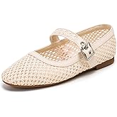 katliu Woven Mesh Flats for Women Round Toe Ballet Flats Mary Jane Flat Shoes with Buckle