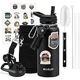 WixByti 32 oz Insulated Water Bottle with Straw (Cold for 48 Hrs), Stainless Steel Triple Wall Vacuum Sports Water Jug, Leakproof Hydro Cup Flask with Paracord Handle & Straw Spout Lids & DIY Stickers