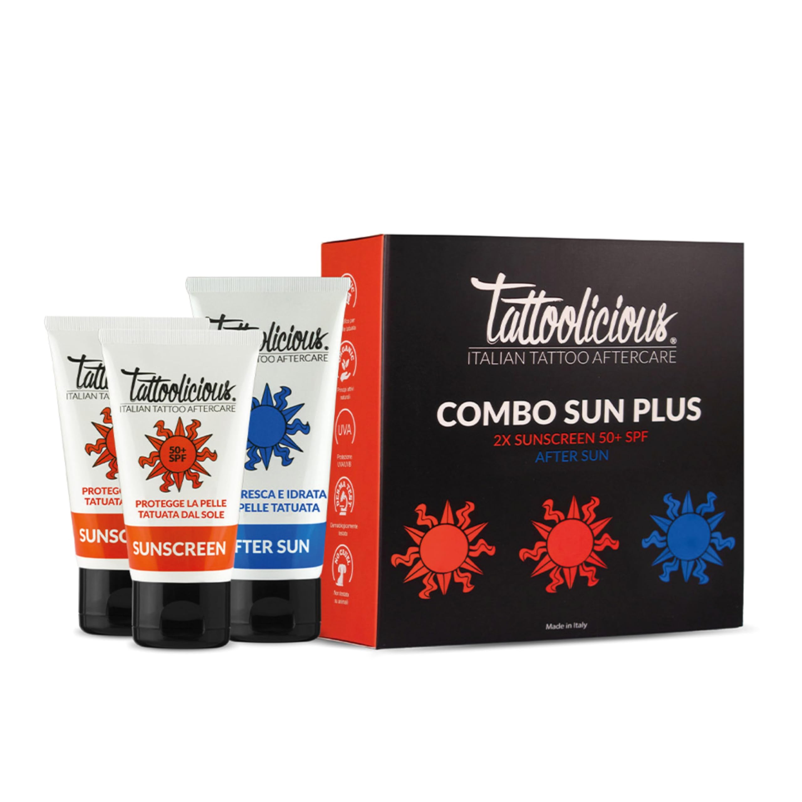 Tattoolicious COMBO SUN PLUS - SUNSCREEN 50+ Anti - Fading sunscreen for tattoo, with Organic Active ingredients, 150ml (2 tubes of 75 ml) + AFTER SUN Aftersun for tattoos, 100 ml.