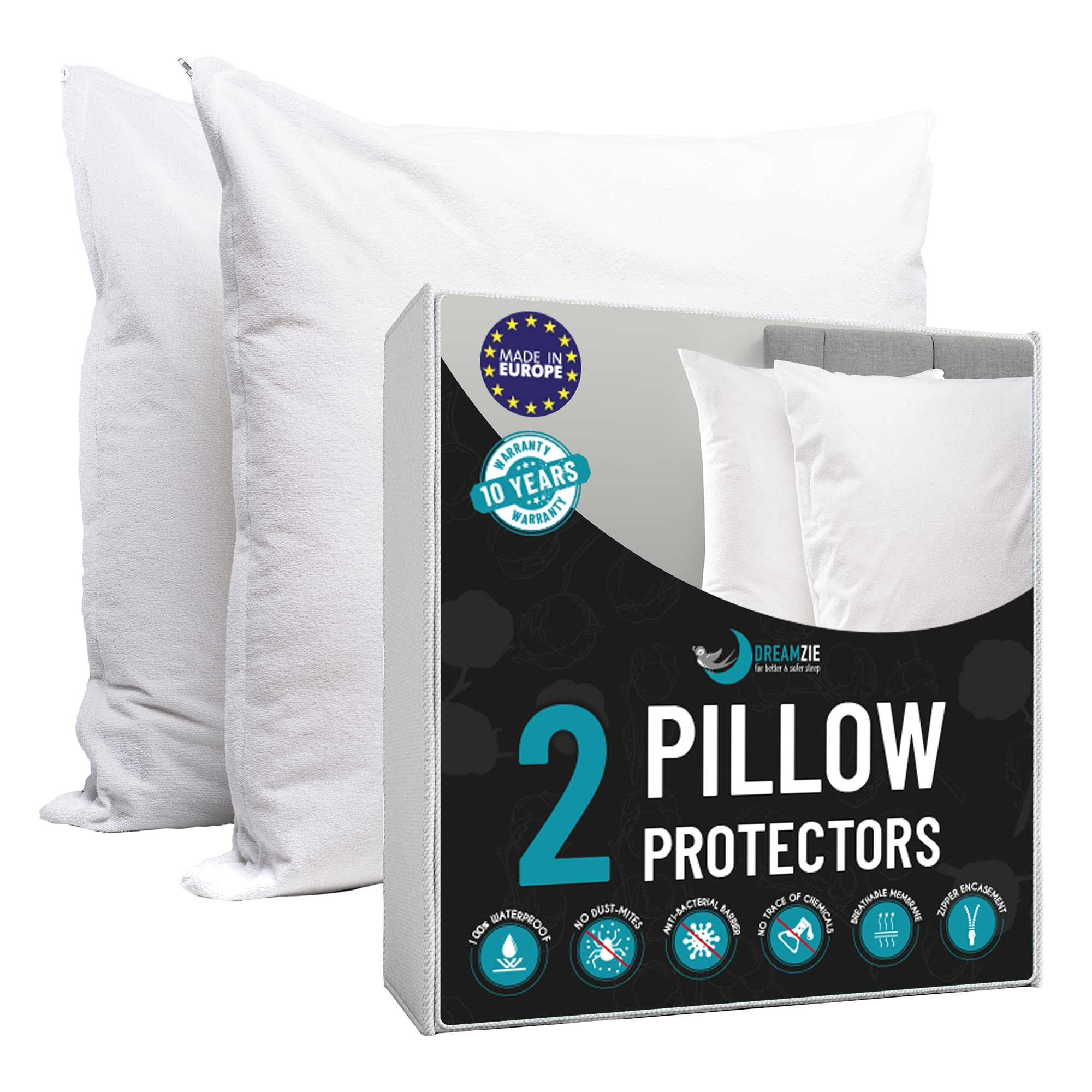 Dreamzie - Pack of 2 Pillow Protector Waterproof with Zipper - For Pillows 80 x 80 cm - White Cotton Outer Cover Oeko Tex® - Breathable, Hypoallergenic, Anti-Dust Mite, Anti-Bacterial