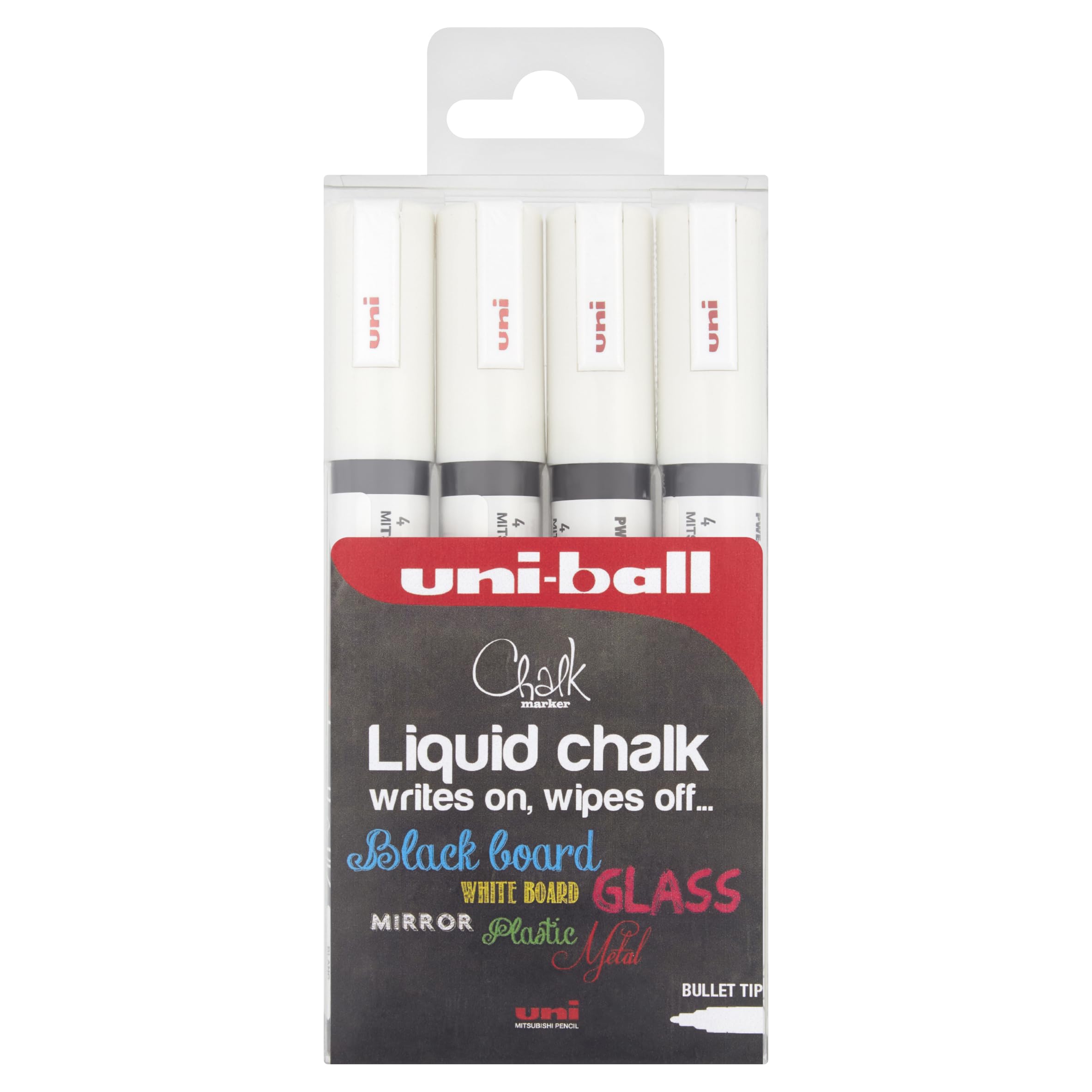 Uni-Ball F804500 522598 uni Chalk Marker, Broad Bullet Tip - White, Pack of 4