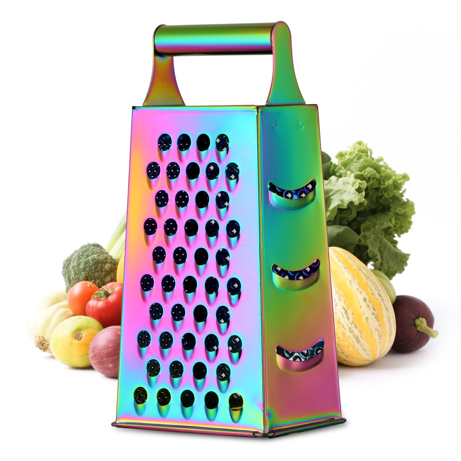 Buyer Star Stainless Steel 4-Sided Grater, 9.37 Inch Multifunctional Cheese Grater, Suitable for Vegetables,Vegetable Grater, Zester, Dishwasher Safe (Rainbow)