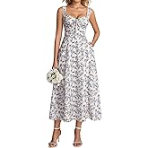 KUTUMAI Floral Corset Midi Dresses for Women 2026 Lace Up Flowy Summer Wedding Guest Dress with Pockets