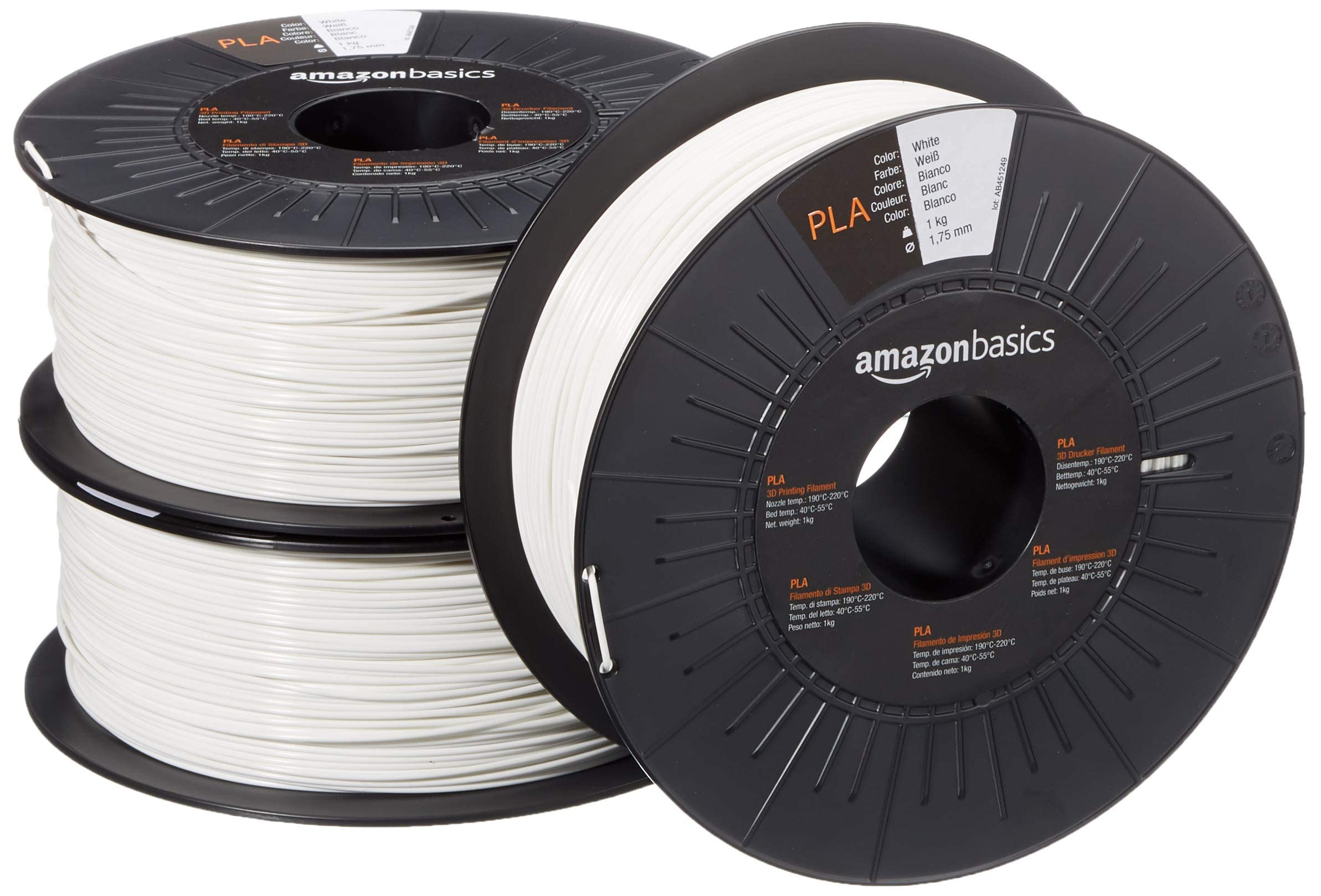 Amazon Basics PLA 3D Printer Filament, 1.75 mm, White, 1 kg Spool, 3 Spools