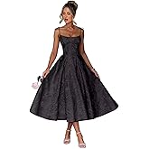 Square Neck Jacquard Satin Prom Dresses with Pockets for Women A-Line Spaghetti Straps Midi Formal Ball Evening Dress