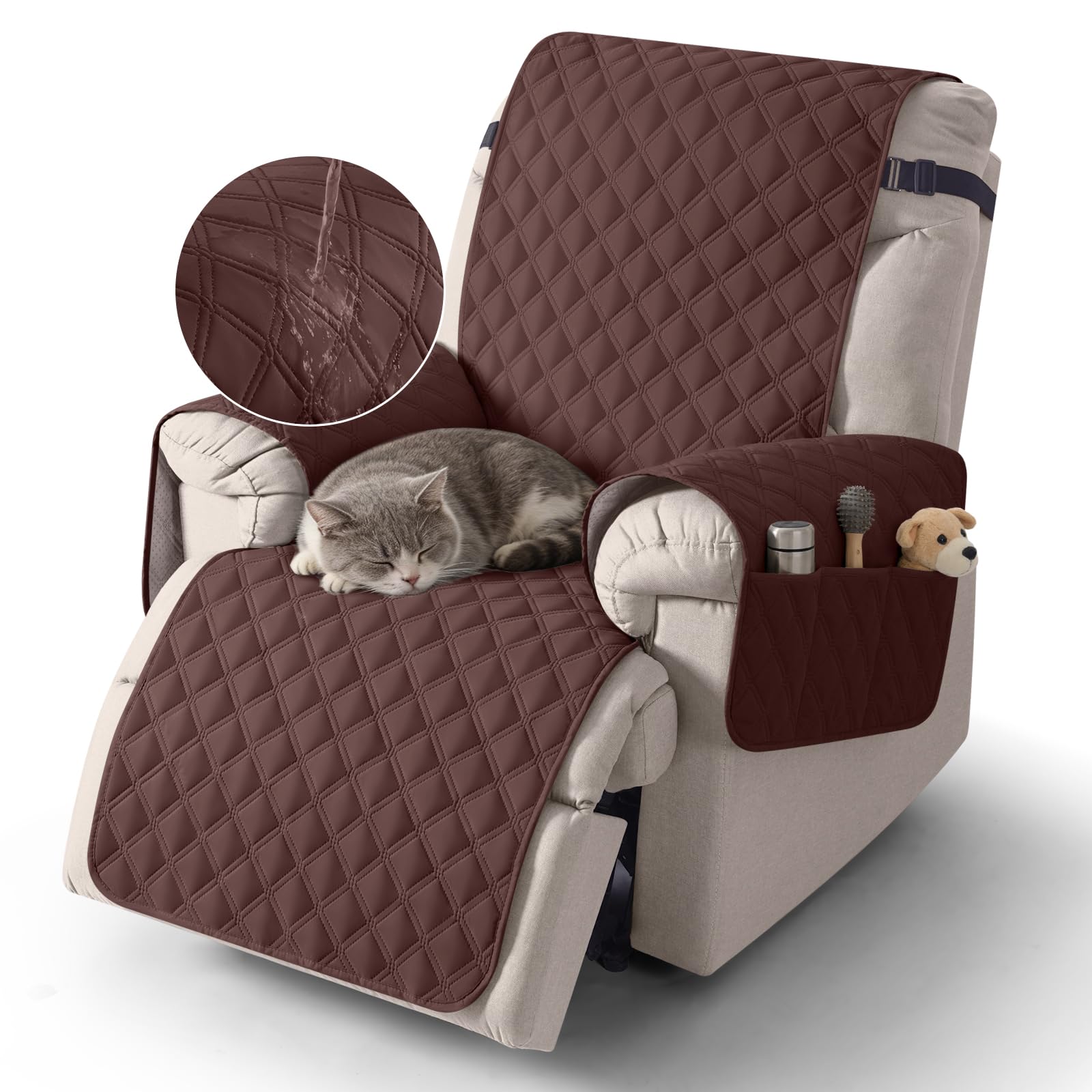 TAOCOCO Recliner Protector,1 Seater Armchair Slipcovers,Waterproof Recliner Slipcovers,Recliner Covers with Pockets,Anti Slip Reclining Sofa Covers,Arm Chair Covers for Pets/Dogs/Kids(Chocolate)