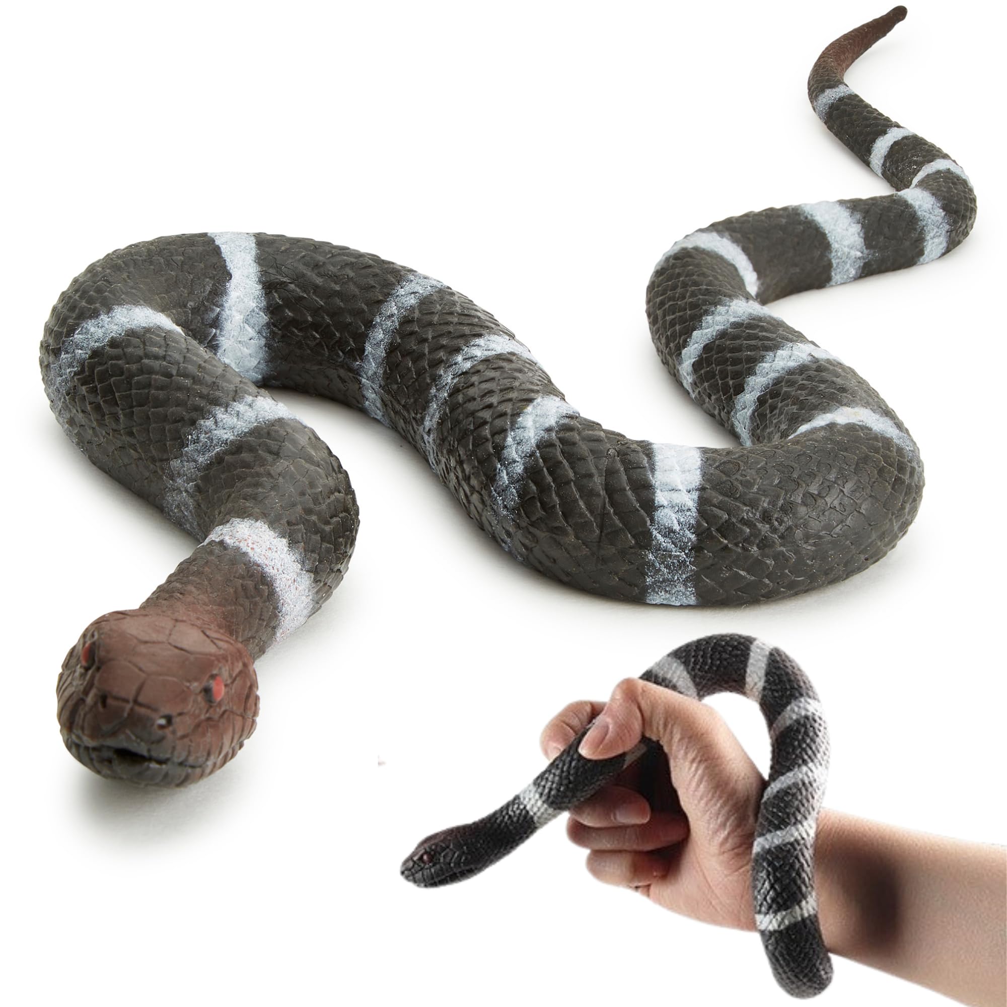 Zappi Co Banded Snake Realistic Figurine - Elastic Rubber Toy Snake for Halloween Fun, Educational Learning, and Spooky Pranks