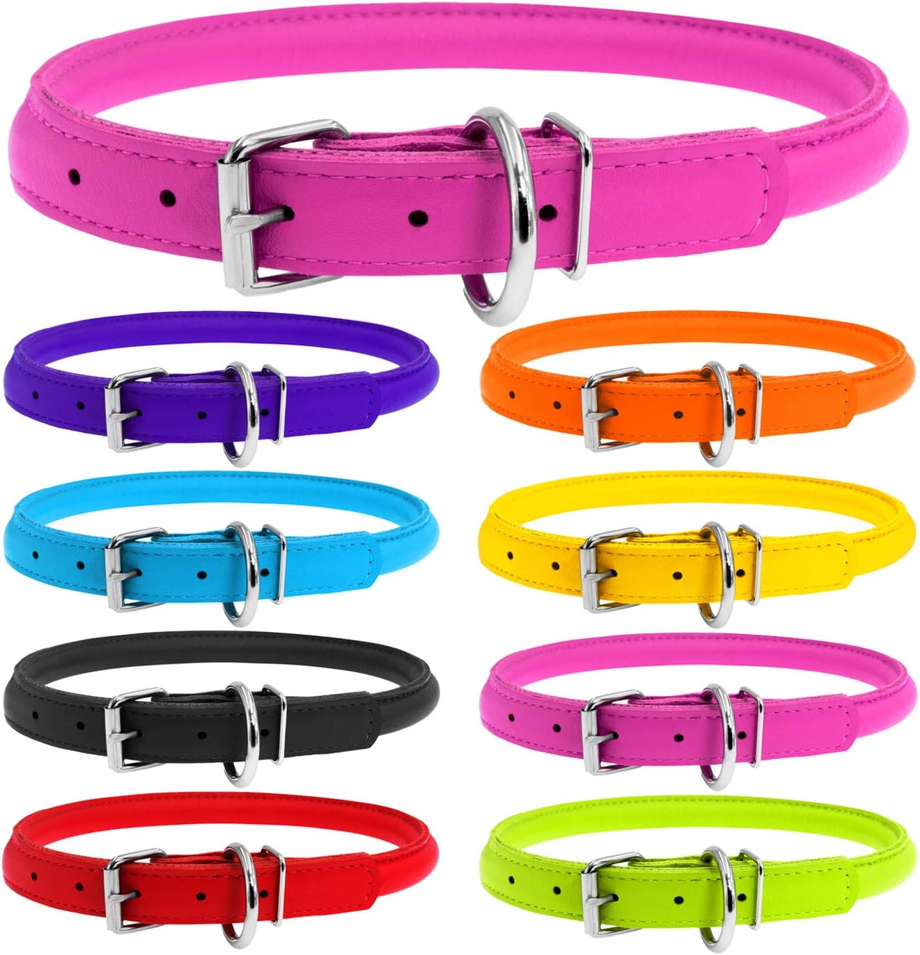 Rolled Leather Dog Collar for Small Dogs - Soft Dog Collars for Medium Dogs - Metal Buckle Puppy Collars for Large Breed Dogs - Male and Female Dog Collar (Pink Plus, 9 4/5" - 13" Neck 1/3" Wide)