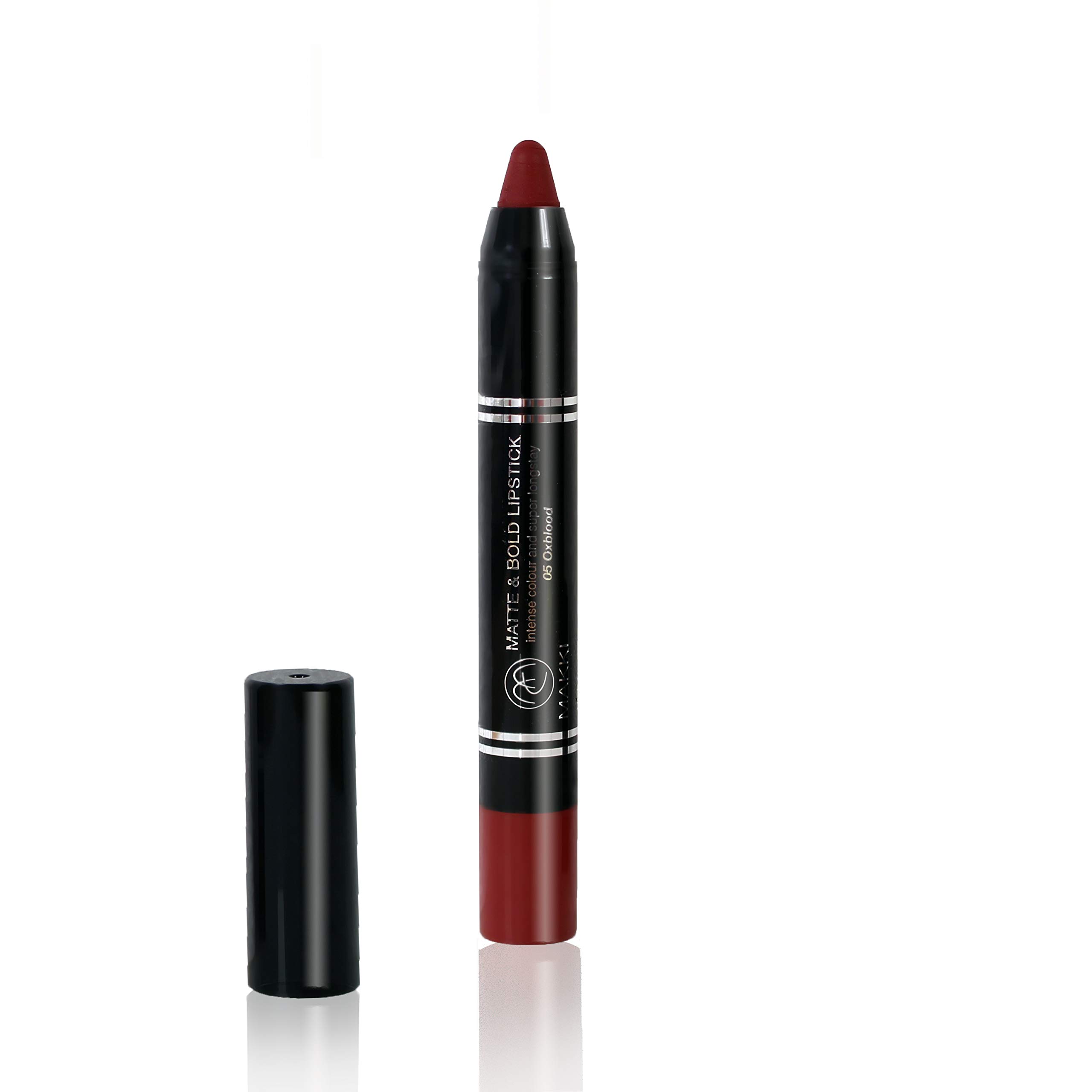 Oxblood Makki Matte and Bold twist-up Lipstick intense colour velvet finish very long stay up to 18 hours, smudge proof, no feathering, soft and gliding, contains crushed pigments