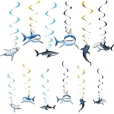 WERNNSAI 24 PCS Shark Party Hanging Swirls Ocean Shark Party Decoration | Shark Theme Party Supplies, Foil Hanging Spiral Garland Streamers for Kids, Ocean Animal Decor, Baby Shower Ceiling Decor