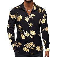 ZEROYAA Men's Rose Floral Print Long Sleeve Dress Shirt - Slim Fit Button Up Party Shirt