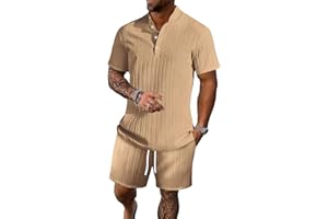 BEALIN Men's Summer Beach Outfits 2 Piece Vintage Short Sleeve Henley Shirts and Shorts Vacation Texture Sets for Men
