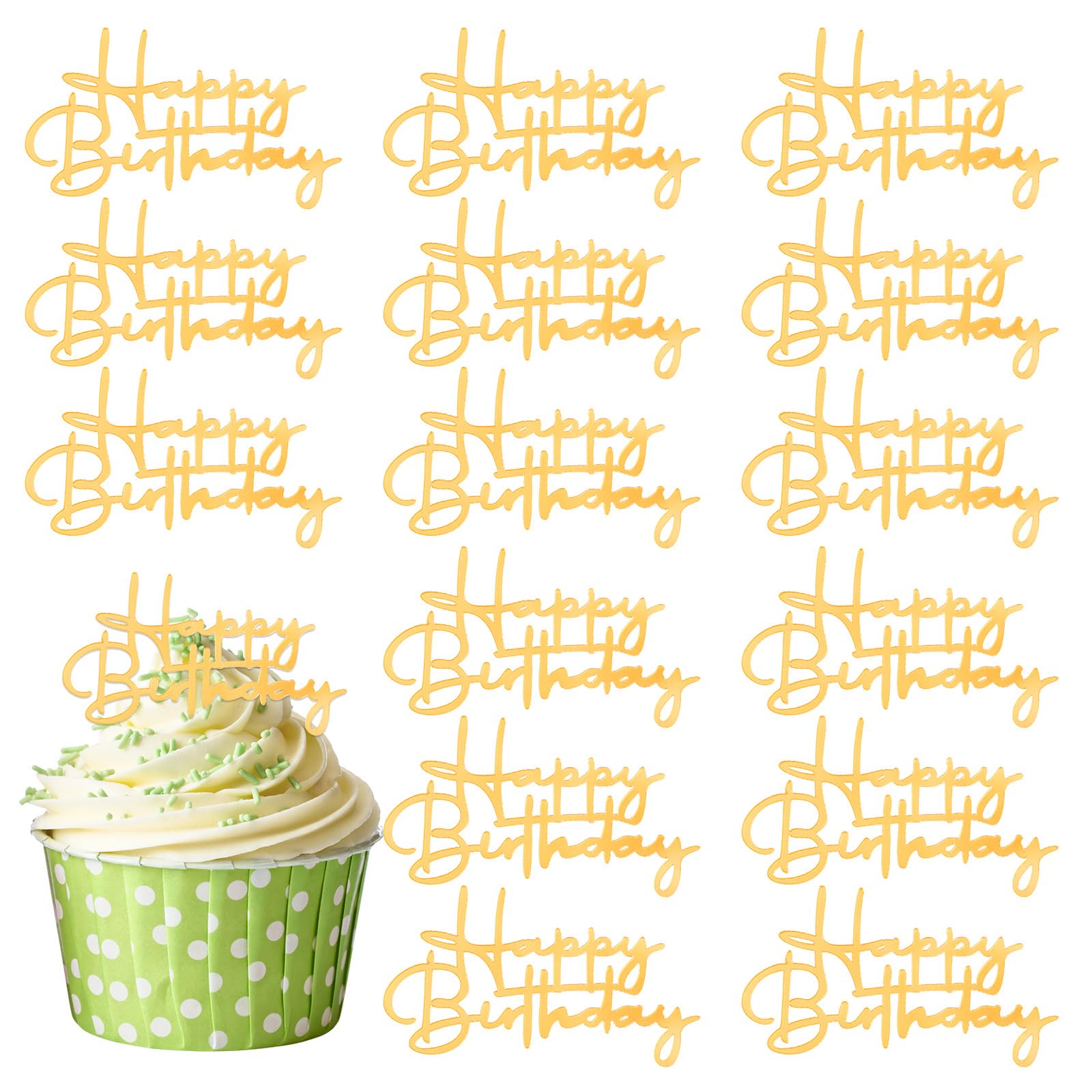 HJZHII 15 Pcs Happy Birthday Cakes Toppers, Gold Happy Birthday Cake Topper Acrylic Cupcakes Topper Party Cake Decorations Gold Cupcake Toppers or Party Celebration Dessert Decor Accessories Supplies