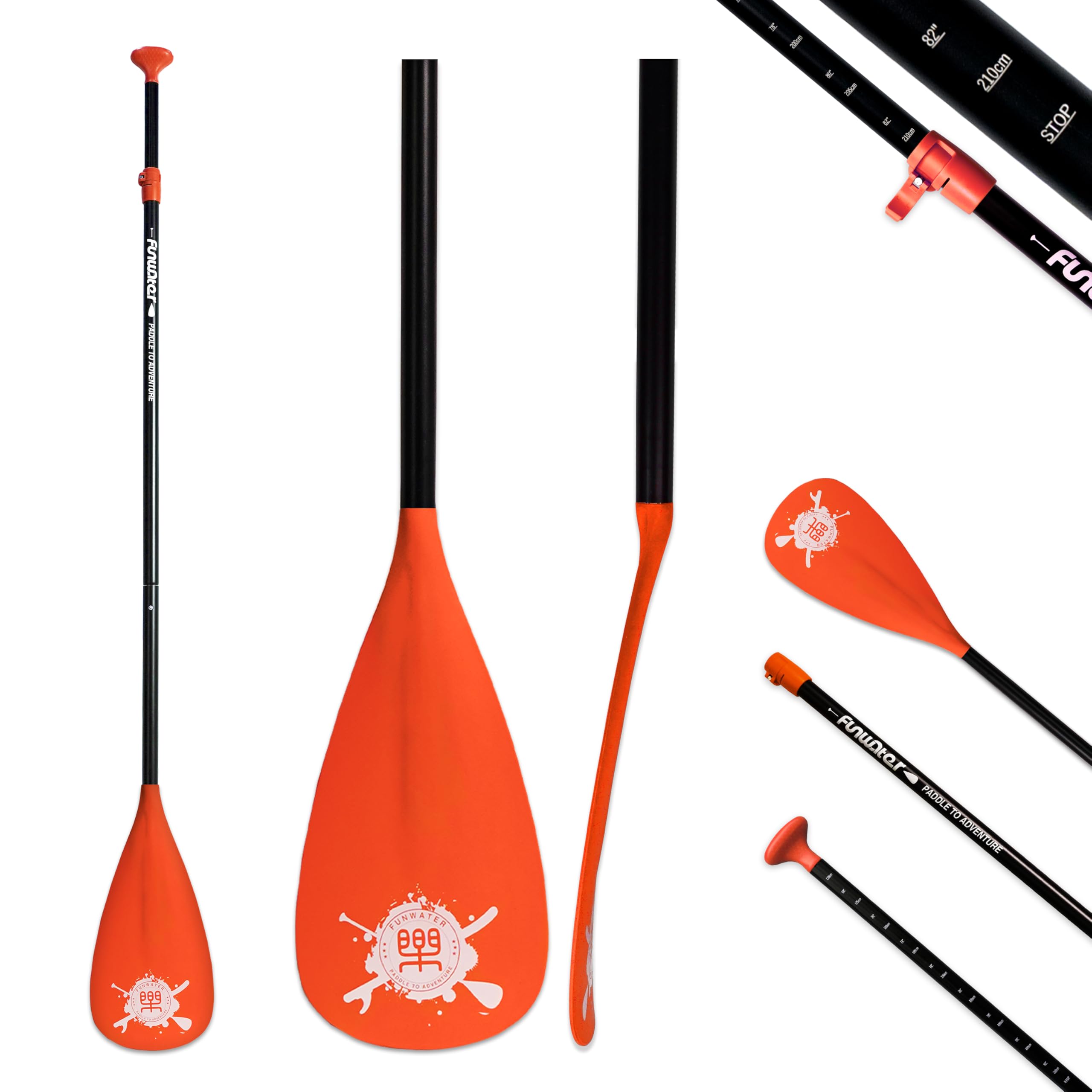 FunWater SUP Paddles - Adjustable Stand Up Paddle 3 Piece Floating Alloy Portable Paddle Board Paddles - Lightweight & Floating oars - Durable and Packable - Efficient Padding- Black Orange