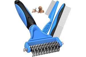 UGNEL 3PCS Pet Grooming Rake & Metal Comb & Flea Comb for Cats and Dogs, Double-Sided Dematting Tool, Extra-Wide Deshedding Dog Brush for Long Hair to Effectively Remove Tangles, Knots and Mats (Blue)