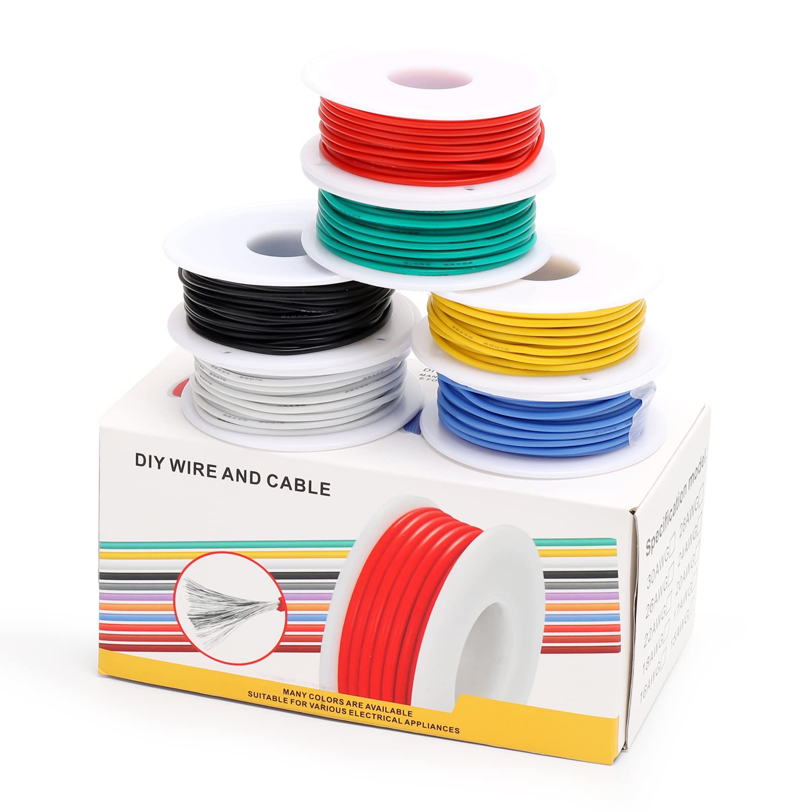 Coomoors 18AWG Electrical Wire Kit 18 Gauge Silicone Electric Wire Tinned Copper Cable 6 Colors 4 Meters Each Electric Cable Set Hook Wire Flexible and Soft for DIY, Blue,Green,White — image 1