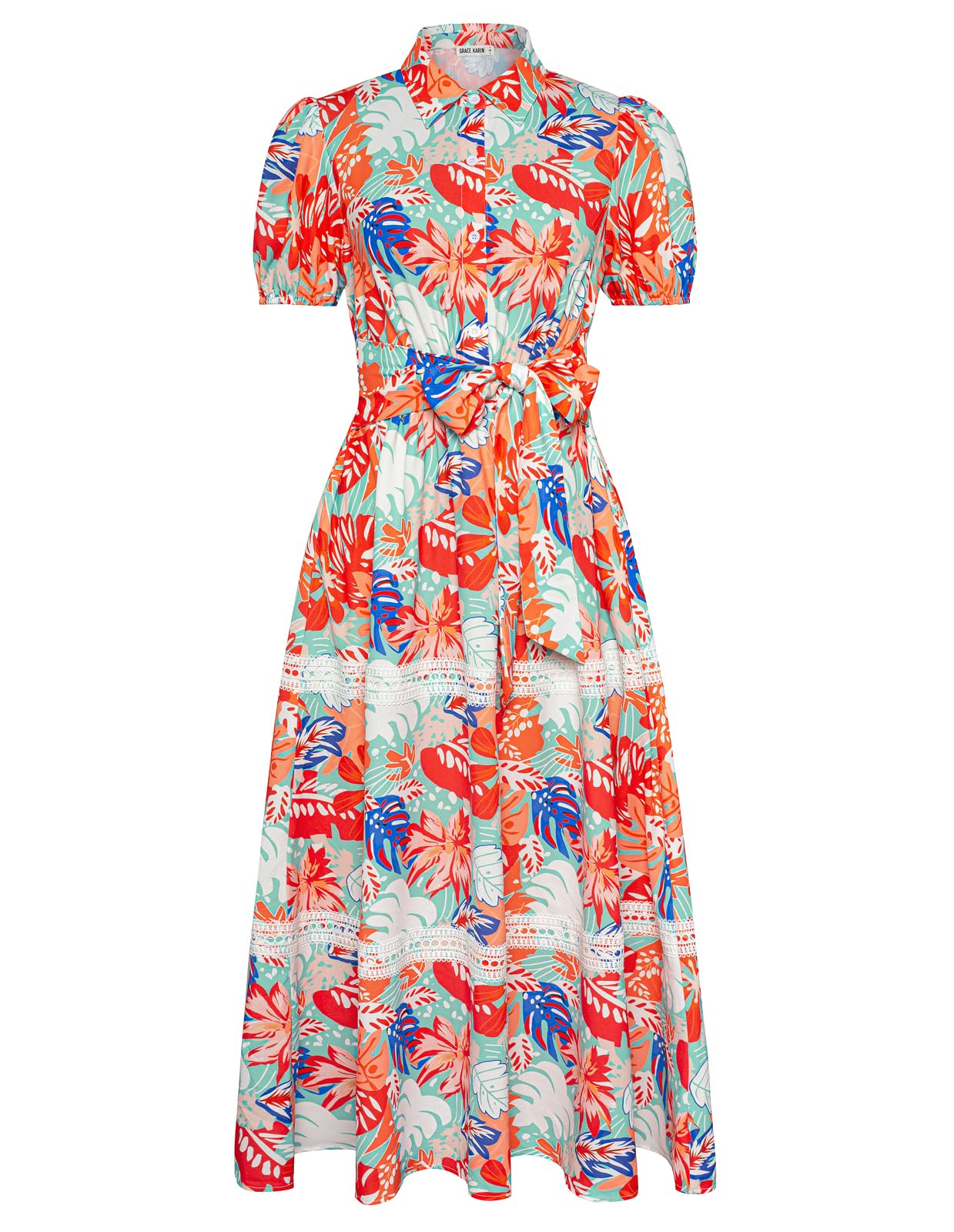 Photo 1 of ***SEE ALL PHOTOS IT IS ONLY SIMILAR NOT EXACT***GRACE KARIN Women's 2025 Summer Floral Flowy Dresses Boho Tie Belt Short Puff Sleeve A Line Maxi Shirt Dress with Pocket Green Red Small