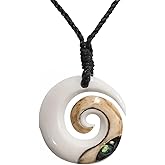 81stgeneration Hand Carved Koru Real Bone Pendant with Genuine Abalone Shell - Black Cord Hawaii Necklace - Maori Style Jewelry - Round Spiral Swirl Surfer Necklace for Men - Natural Accessories