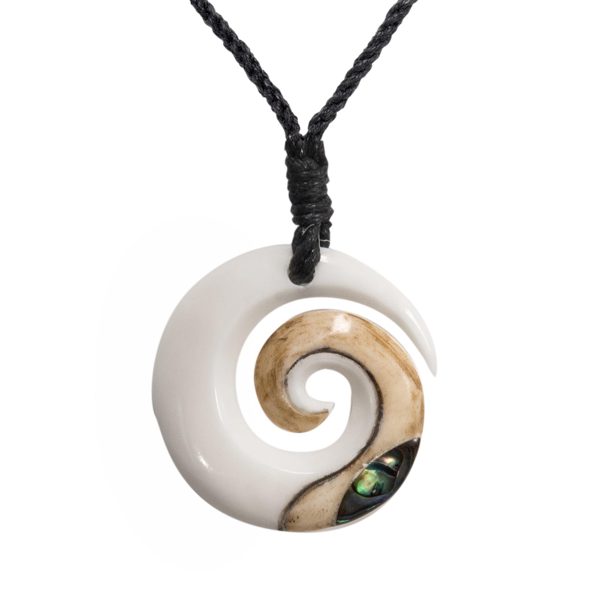 81stgeneration Hand Carved Koru Real Bone Pendant with Genuine Abalone Shell - Black Cord Hawaii Necklace - Maori Style Jewellery - Round Spiral Swirl Surfer Necklace for Men - Natural Accessories