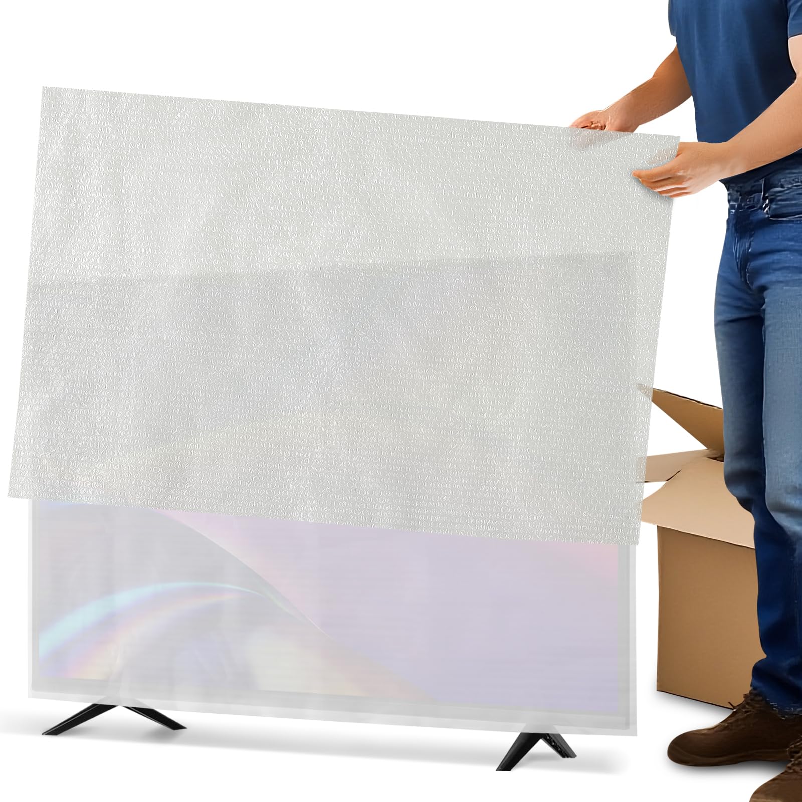 Photo 1 of 2-in-1 Foam Flat Screen TV Cover & Bubble Wrap Combo for Moving – Fits Up To 65" Flat Screens | Dual-Layer Protection for House Moving, Home Renovation & Storage | 65"W X 37"H TV Display Protector