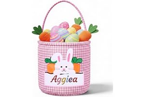 OXYEFEI Custom Easter Basket for Boys Girls Custom Embroidered Name Reusable Large Easter Basket for Kids (Pink)