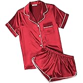 Ekouaer Womens Silk Satin Pajamas Short Sleeve PJS Shorts Set Soft Button Down Sleepwear 2 Piece Loungewear S-5XL