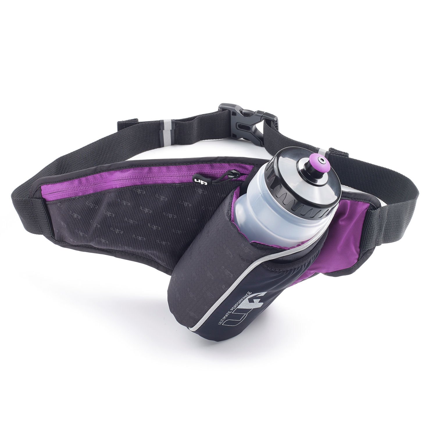 Ultimate Performance UP Ribble II 650ml Hip Bottle & Holster Hydration Belt Insulated angled bottle holder easy access belt Fits 26"-42" waist large zipped pocket fits smart phone Purple