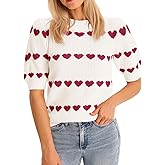 Saodimallsu Womens Heart Striped Sweaters Valentines Puff Short Sleeve Sweaters Cute Lightweight Knit Crewneck Tops