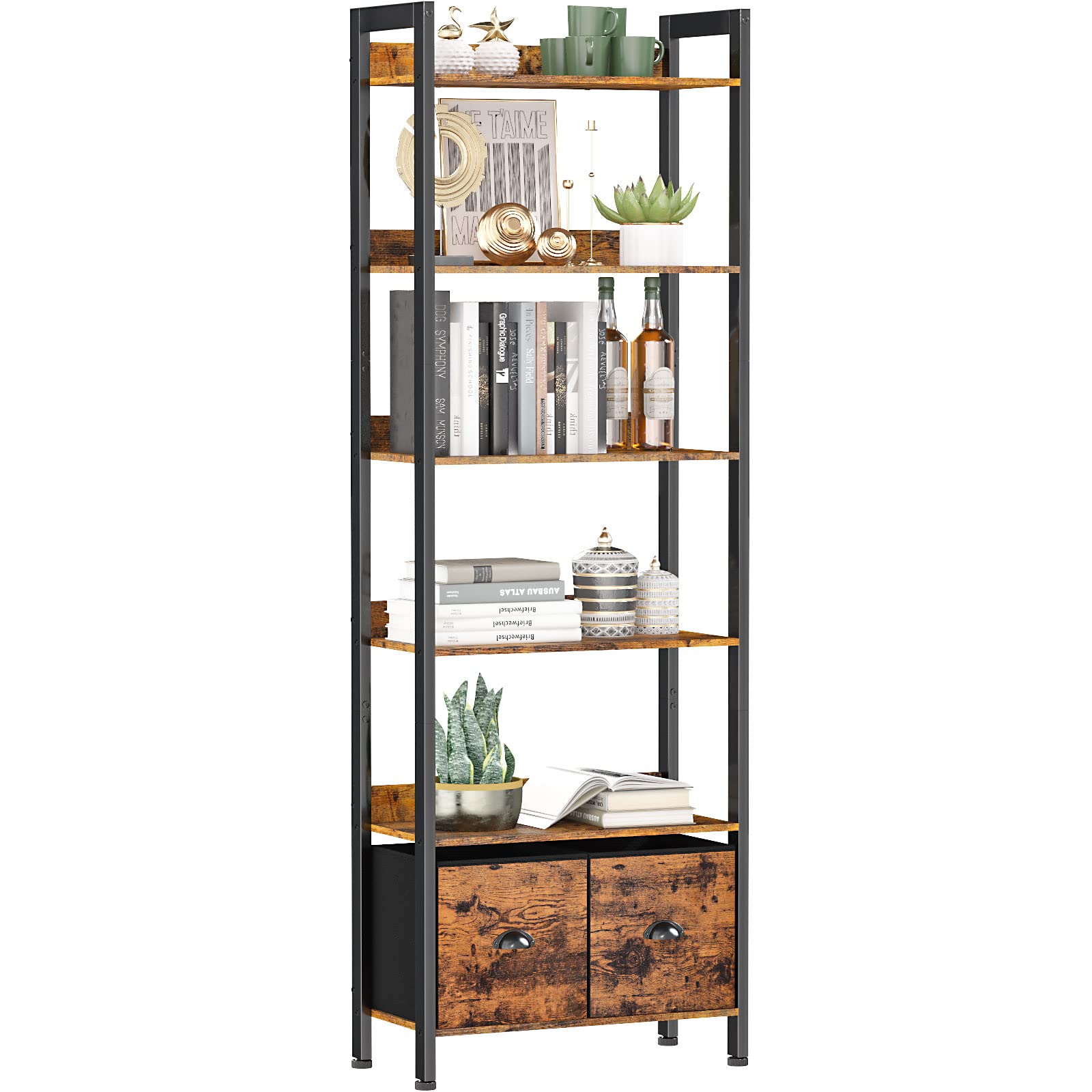 Furologee 6Tier Bookshelf, Tall 71" Rustic Bookcase with 2 Drawers