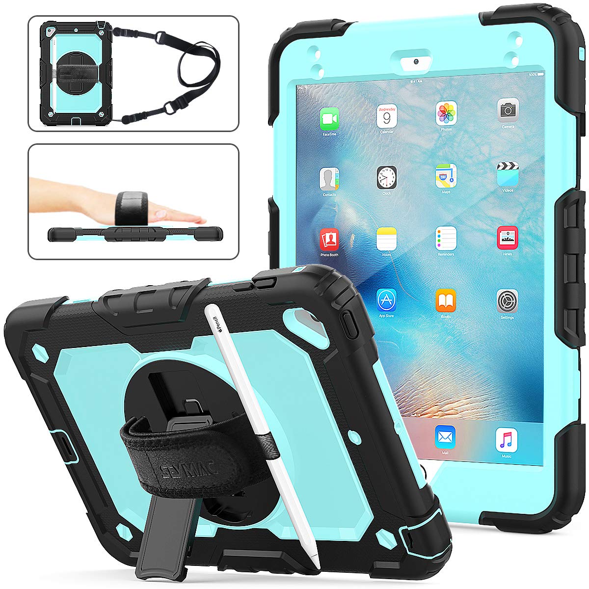 seymac stock case for ipad mini 5/4, full-body protective case with 360 degrees rotating stand & strap stylus pencil holder for ipad mini 5th/4th generation(skyblue+black)