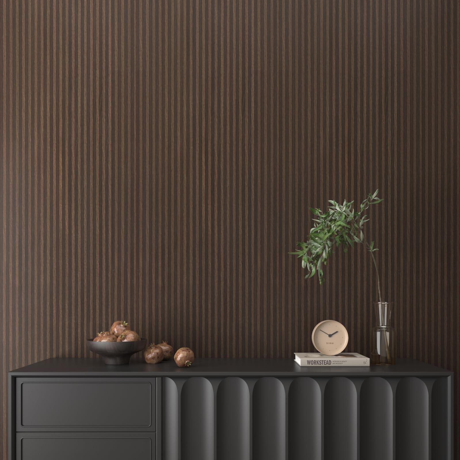 VaryPaper Dark Brown Peel and Stick Wood Slat Wallpaper 40cmx200cm Wood Effect Sticky Back Plastic Vinyl Wrap for Kitchen Cupboards Stick on Wallpaper for Living Room Bedroom Furniture Wrap