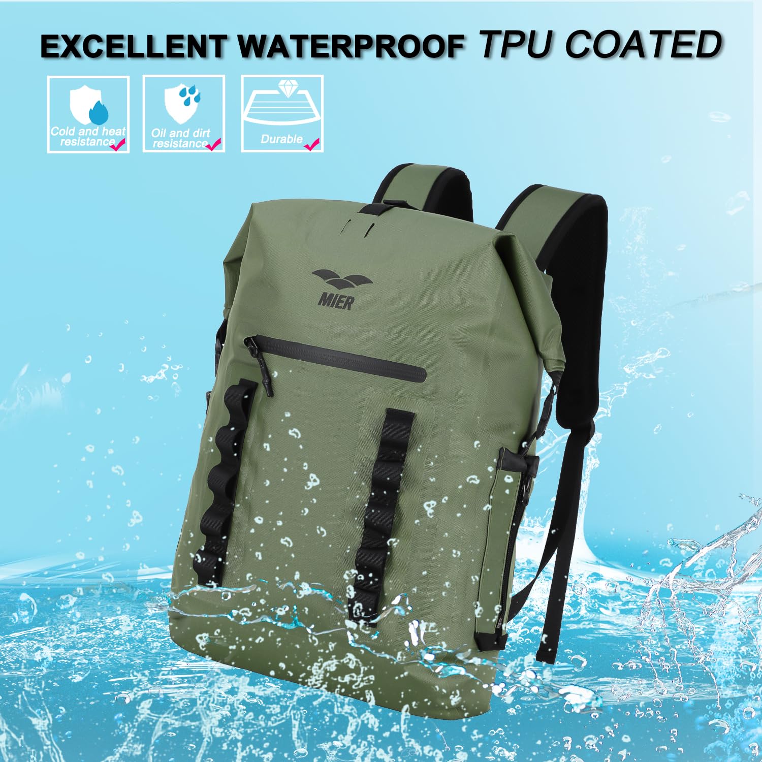 MIER Dry Bag waterdichte rugzak zware rolsluiting voor kajakken, strand, varen, zwemmen, surfen, 30 l, Zwart, Droge Zak