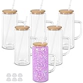 Maucircol 20 Oz Snow Globe Glass Cup With Handle, 6 Pack Pre-Drilled Double Wall Glass Coffee Mug For Snowglobe Diy Glitter, Double Wall Snow Globe Tumbler with Bamboo Lid
