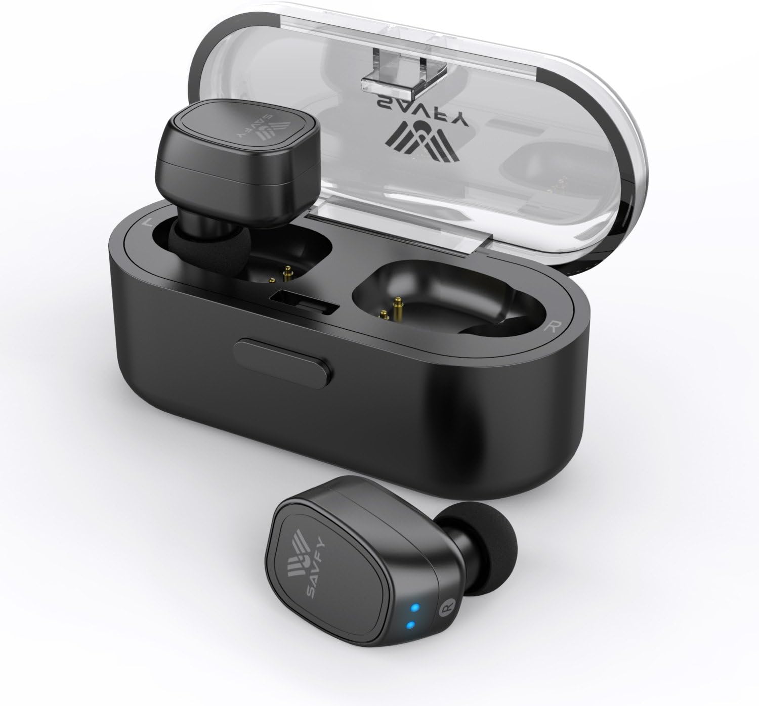 Bluetooth Headphones, SAVFY Mini True Wireless Bluetooth Earbuds Pair, Noise Cancelling Sweatproof Headset with Microphone and 300mAH Portable Charging Case for iPhone Samsung, Black