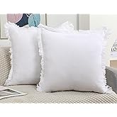 NUYECY Set of 2 Natural Linen Fringed Throw Pillow Covers,White Neutral Decorative Pillowcase with Chic Tassel Burlap Boho Square Cushion Covers for Couch Sofa Farmhouse,16x16 inches