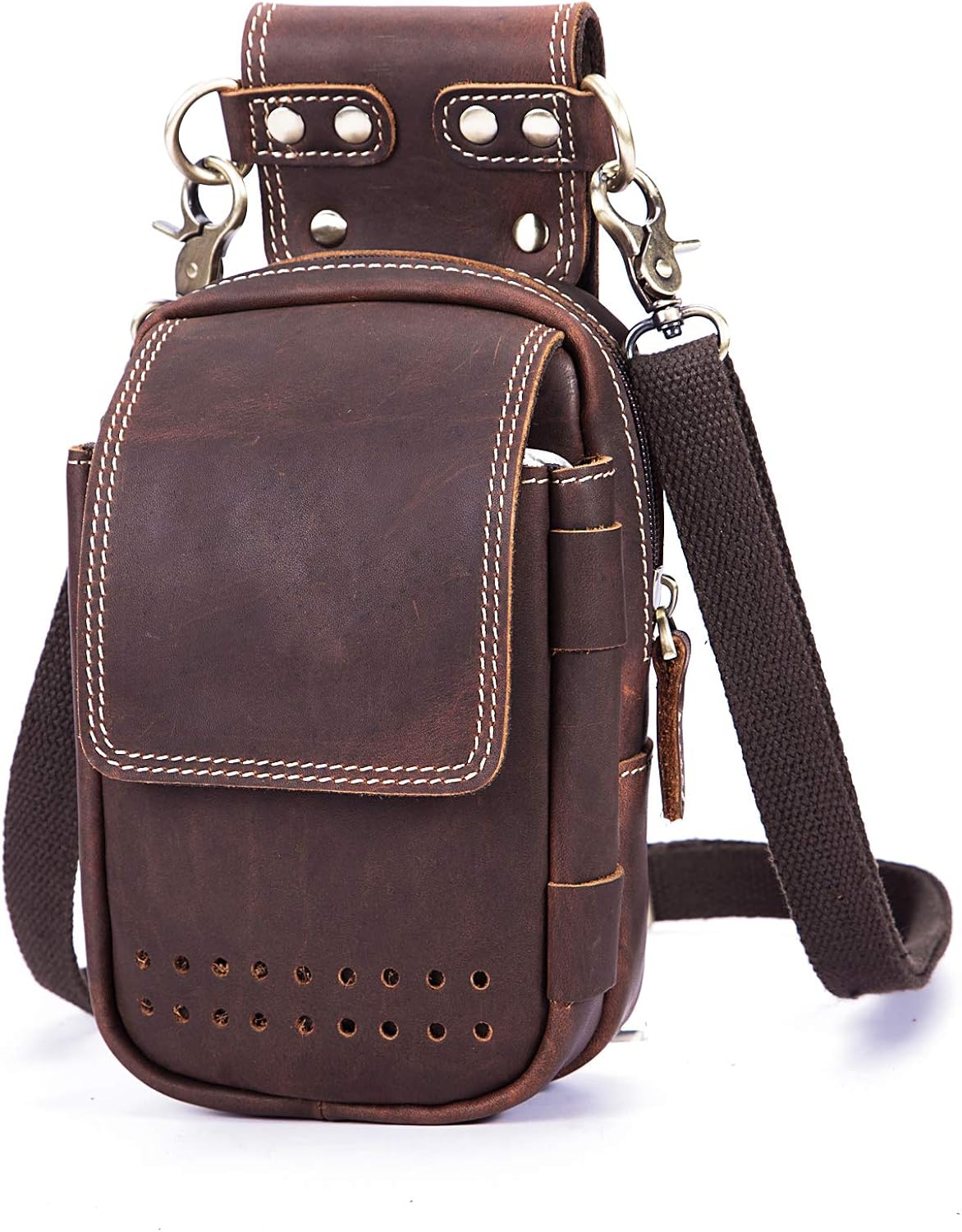 Le'aokuu Mens Genuine Leather Coffee Small Messenger Shoulder Satchel Waist Bag Pack (832 Dark Brown), V832 Db