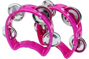 Jiozermi 2 Pcs Plastic Percussion Tambourines, Handheld Tambourines with 4 Jingle Bells Kids Musical Instruments Mini Hand Bell Percussion for Kids, Adults, School and Party (Pink)