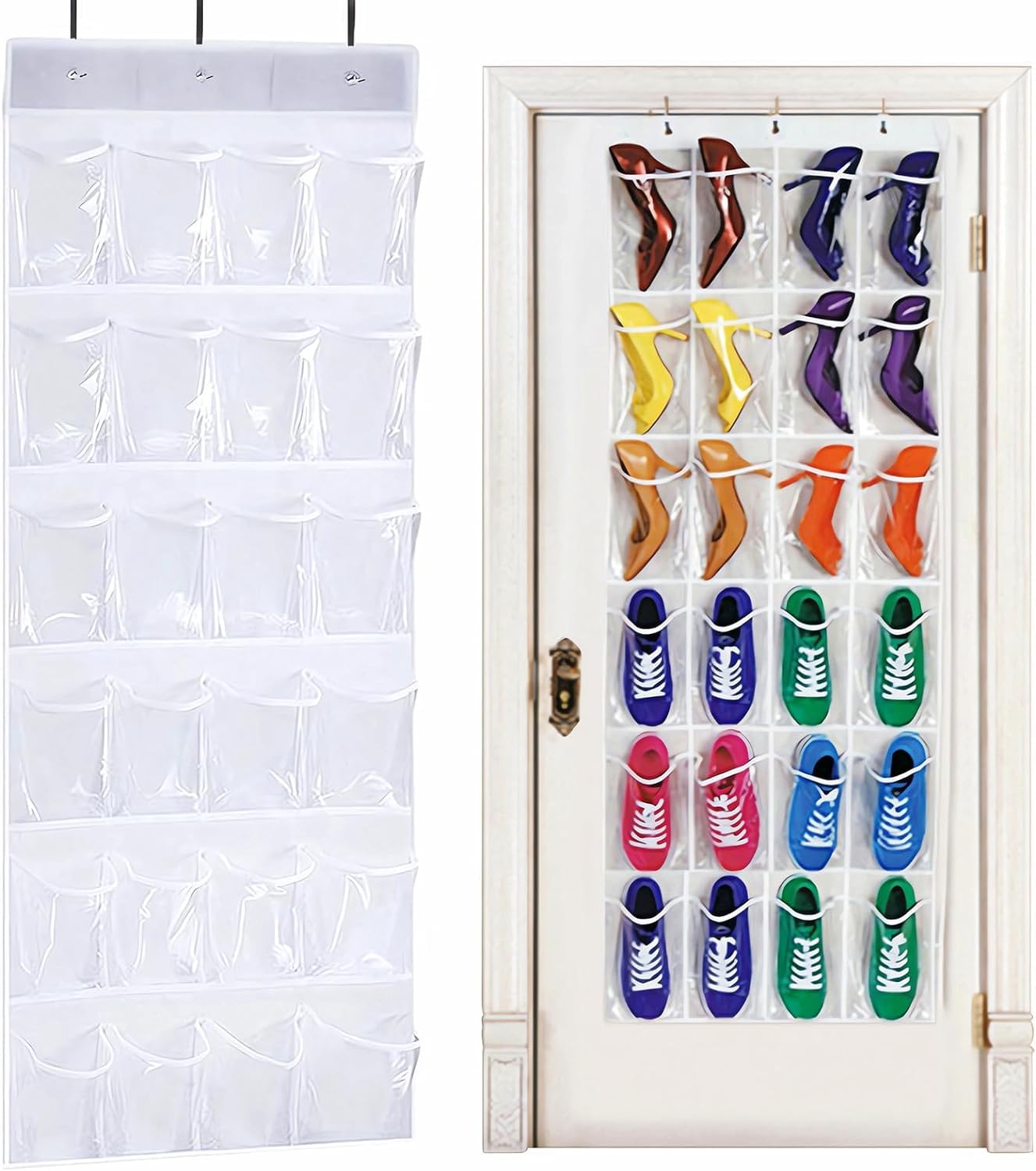 QUMENEY 24 Pockets Over the Door Shoe Organiser Foldable Wardrobes Storage Bag with Hooks Heavy-Duty Hanging Mesh Shoe Holder for Men Women Kids