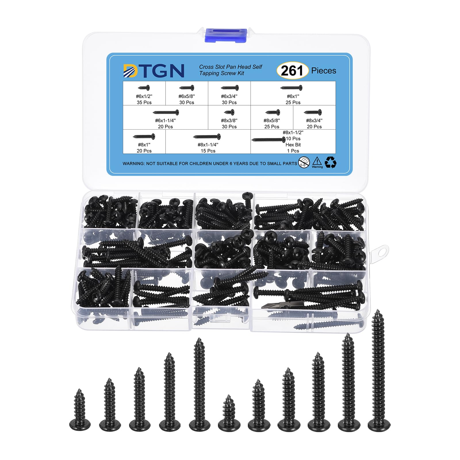 DTGN Pan Head Sheet Metal Screws Assortments 304 Stainless Steel Self-Tapping Screws Hardware Kit,Black Oxide(Size:#6x1/2-#8x1-1/2-260pcs+1 Cross head Wrench)