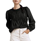 Lentta Women's Lace-Detail Flared Blouse Long Sleeve Crew Neck Poplin Mesh Swing Babydoll Tops Elegant Loose Shirts